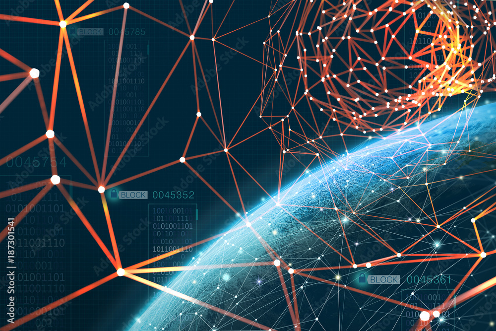 Poster The planet is surrounded by a global information network. Blockchain technology protects data. Era of artificial intelligence. Element of this image furnished by NASA