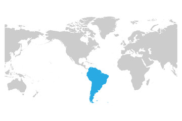 South America continent blue marked in grey silhouette of World map. Simple flat vector illustration.