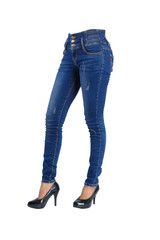 Sexy woman is wearing blue jeans.