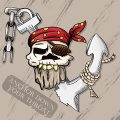 illustration of a pirate skull wearing a bandana and a broken anchor