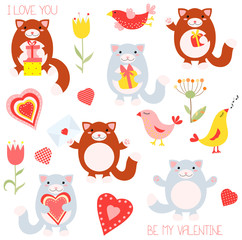 Valentine set with cute cats and birds