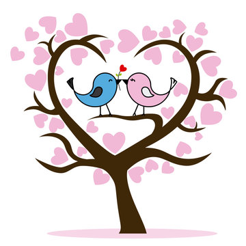 Couple of birds in tree. Valentines day card
