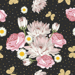 Floral seamless pattern with glittering butterflies