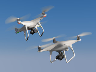 Rendering zweier freigestellte Drohnen am Himmel