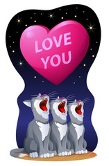 Love you. Valentines day card with a big heart and meowing cats on the roof. Cartoon styled vector illustration. Elements is grouped and divided into layers.