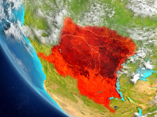 Satellite view of Democratic Republic of Congo in red