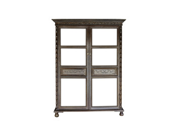 Ancient wooden cabinet with glass inserts in the door isolated on white background