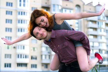 Young loving couple hipster having fun