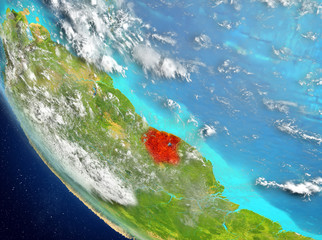 Satellite view of Suriname in red