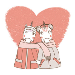 Hand drawn vector illustration of a couple of cute funny unicorns in coats, holding hands and wrapped in a scarf, with heart. Isolated objects on white background. Design concept kids, Valentines day