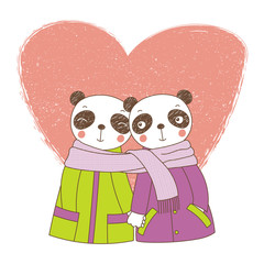 Hand drawn vector illustration of a couple of cute funny pandas in coats, holding hands and wrapped in one scarf, with heart. Isolated objects on white background. Design concept kids, Valentines day