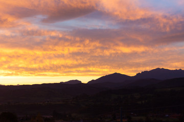 Mountain landscape at sunrise near San Juan in Asturias, Spain