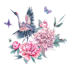 Watercolor nature card with crane and pink peonies © depiano