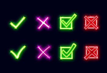 Fototapeta premium Bright glowing neon mark X and V. Set of green neon hooks and red neon crosses. Yes and No icons for websites or applications. Red cross, green tick signs isolated on dark background