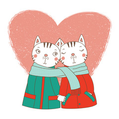 Hand drawn vector illustration of a couple of cute funny cats in coats, holding hands and wrapped in one scarf, with heart. Isolated objects on white background. Design concept kids, Valentines day