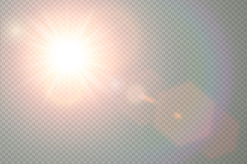 Fototapeta Vector transparent sunlight special lens flare light effect. Sun flash with warm rays and spotlight. Abstract translucent decor element design. Isolated star burst in sky. obraz