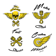 Moto biker theme, icon set. Cafe racer. Golden