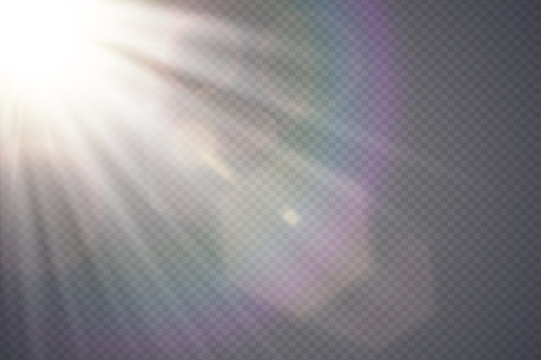 Vector transparent sunlight special lens flare. Abstract diagonal sun translucent light effect design. Isolated transparent background. Glow decor element. Star burst rays and spotlight