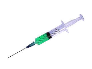 Fototapeta premium medical syringe with a sharp needle, green content, isolate
