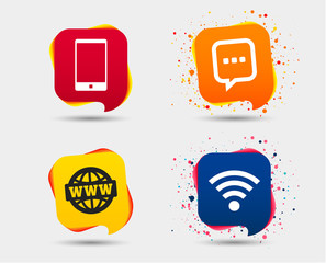 Communication icons. Smartphone and chat speech bubble symbols. Wifi and internet globe signs. Speech bubbles or chat symbols. Colored elements. Vector