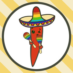 Welcome to Mexico. Vector chili pepper in sombrero with maracas isolated on white. Cartoon chili. Concept of Happy Cinco De Mayo. Symbol of Mexican food, traditions and culture in minimal style. 