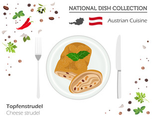 Austrian Cuisine. European national dish collection. Cheese strudel isolated on white infographic