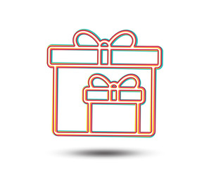 Gift boxes line icon. Present or Sale sign. Birthday Shopping symbol. Package in Gift Wrap. Colourful graphic design. Vector