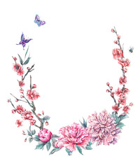 Watercolor with blooming branches of cherry