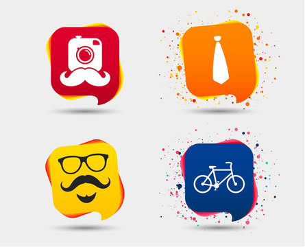 Hipster photo camera. Mustache with beard icon. Glasses and tie symbols. Bicycle family vehicle sign. Speech bubbles or chat symbols. Colored elements. Vector