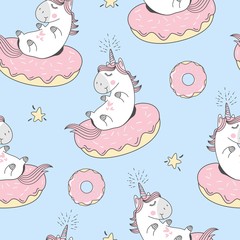 Vector naadloos patroon met leuke cartooneenhoorn en donuts