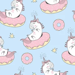 Wall murals Unicorn Vector seamless pattern with cute cartoon unicorn and donuts