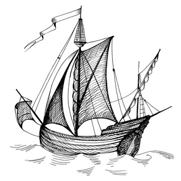 Old caravel, vintage sailboat. Hand drawn sketch.