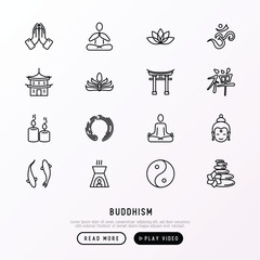 Buddhism thin line icons set: yoga, meditation, Buddha, Yin-Yang, candles, Aum letterm aromatherapy, pagoda, temple. Modern vector illustration. - obrazy, fototapety, plakaty