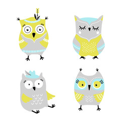 Cute cartoon owls hand drawn vector set