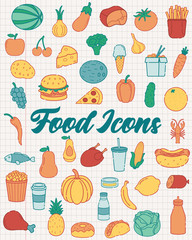 Food and drink icons. Fruits, Vegetables, Fast food and every day food icons. Outline design style. Vector