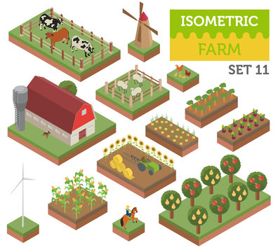 Flat 3d isometric farm land and city map constructor elements isolated on white. Build your own infographic collection