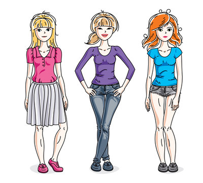 Happy young women group standing wearing casual clothes. Vector diversity people illustrations set.