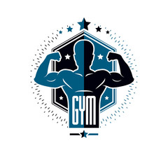 Bodybuilding and fitness sport logo templates, vintage style vector emblem. With bodybuilder silhouette.