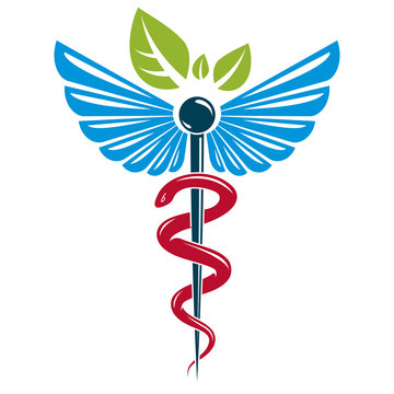 Caduceus symbol composed with poisonous snakes and bird wings, healthcare conceptual vector illustration. Alternative medicine theme.