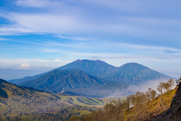 Landscape view of big mountains at Kawah Ijen volcano. Ijen volcano the famous tourist attraction near Banyuwangi, East Java, Indonesia