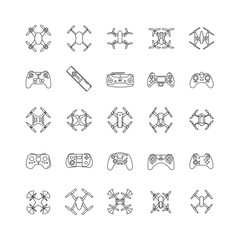 Drones line icons set. Vector illustration of drones and remote control in outline stile. Object for advertising and web