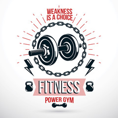 Obraz premium Vector sport equipment, dumbbell with disc weight and kettle bell. Sports club emblem