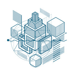 Vector background with abstract isometric lines and figures. Template made with cubes, hexagons, squares, rectangles and different abstract elements.