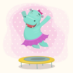 Happy cartoon hippo girl character jumping on a trampoline. Vect