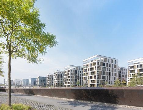 neues Stadtviertel - Wohnh&auml;user und Baum 