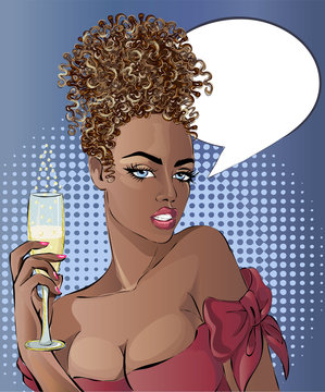 Pin up style sexy Afro woman portrait with glass of champagne, curly girl with speech bubble, vector illustration