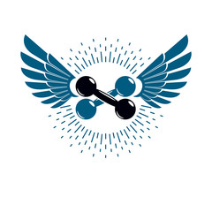 Sport logo for weightlifting gym and fitness club, vintage style vector emblem with wings. With dumbbell.