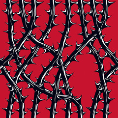 Horror art style seamless pattern, vector background. Blackthorn branches with thorns stylish endless illustration. Hard Rock and Heavy metal subculture music textile fashion stylish design. - obrazy, fototapety, plakaty