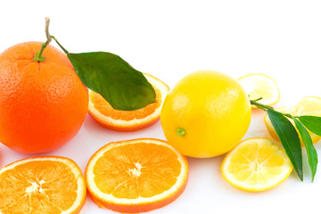 Various fresh citrus fruits and slices with green leaves