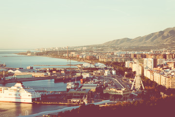 Panoramic view at the Marina place in Malaga. Malaga is the second-most populous city of Andalusia and the sixth-largest in Spain.